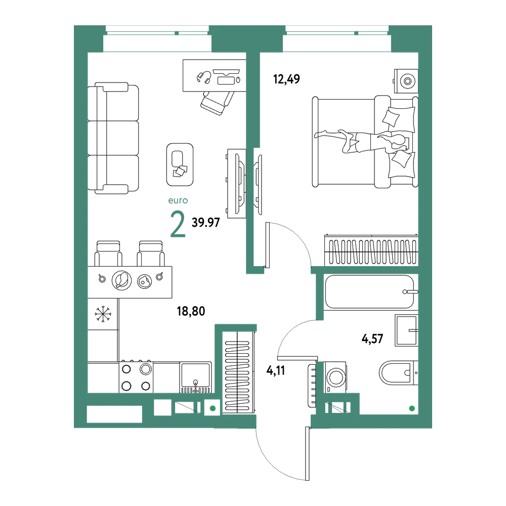 Планировка: Евродвушка 39,97 м²
