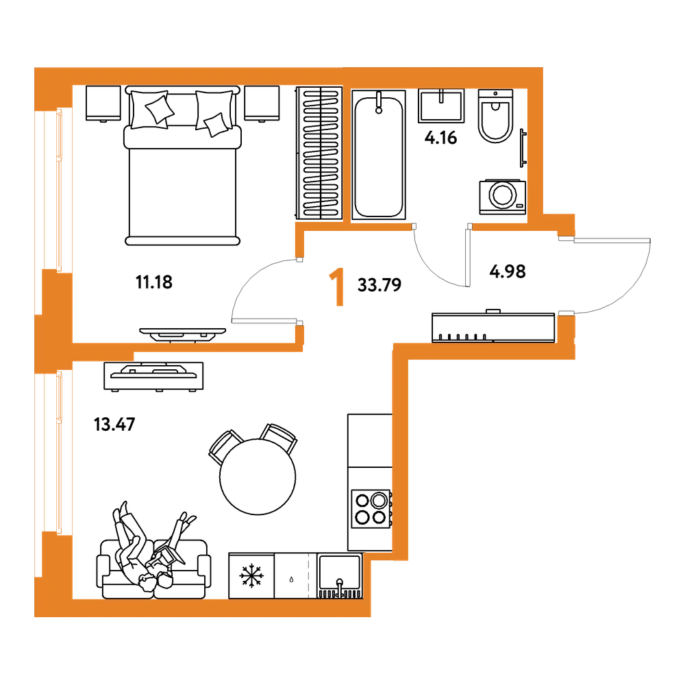 Планировка: 1-комнатная 33,79 м²