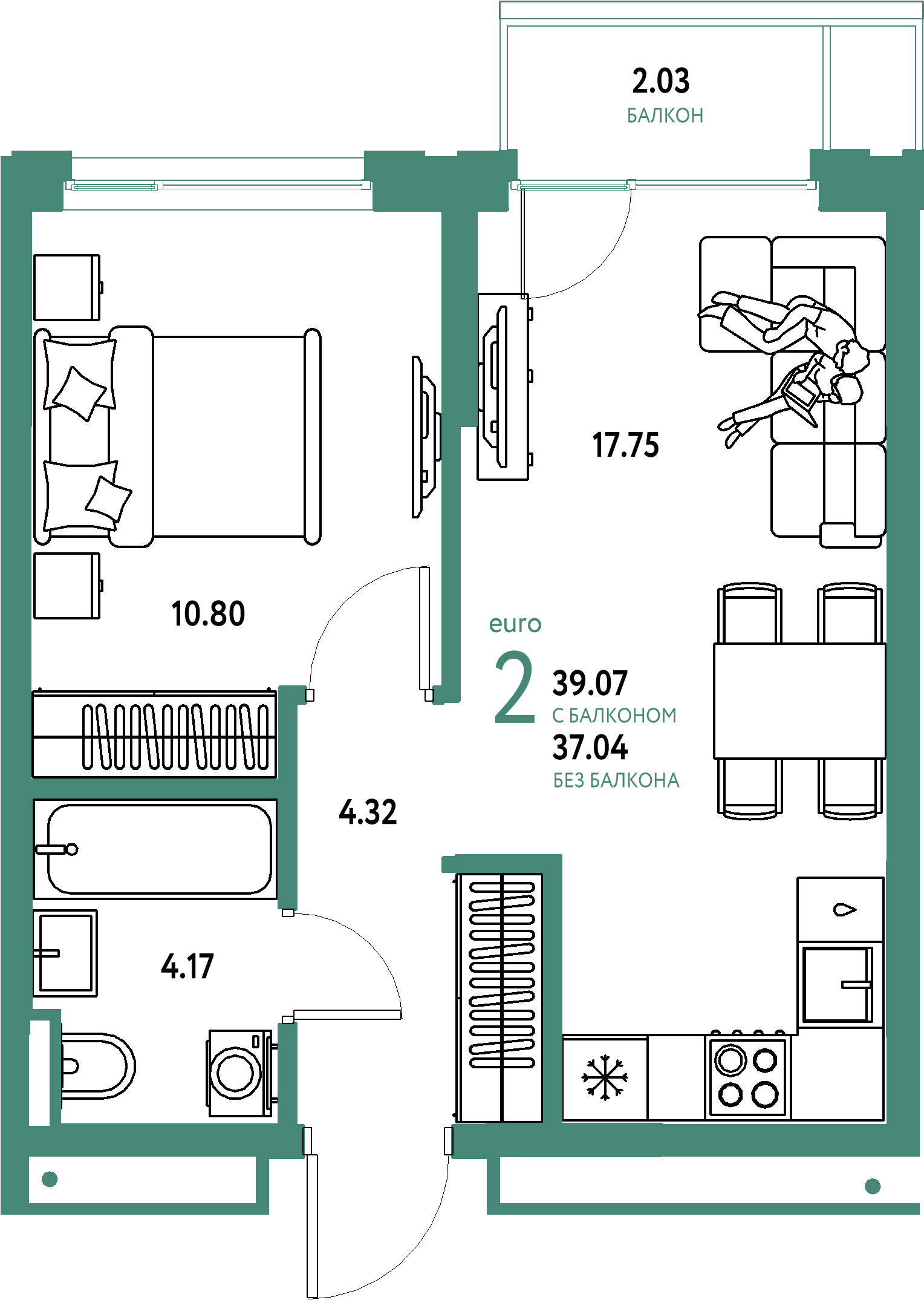 Планировка: Евродвушка 39,07 м² в ЖК «Страна.Прибрежная»
