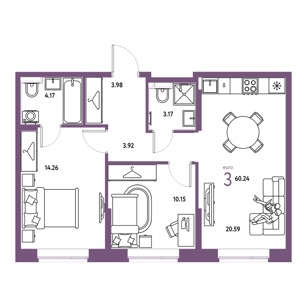 Планировка: Евротрёшка 60,24 м²