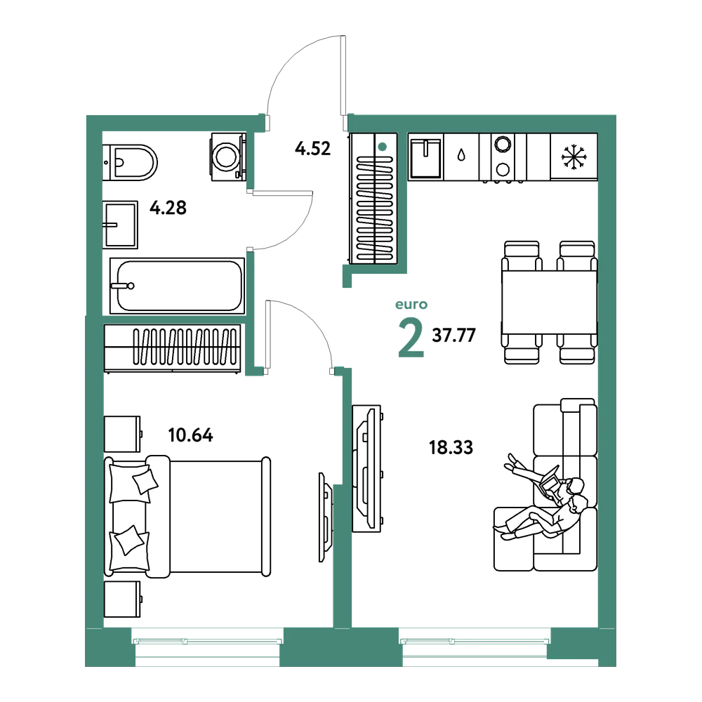 Планировка: Евродвушка 37,77 м²