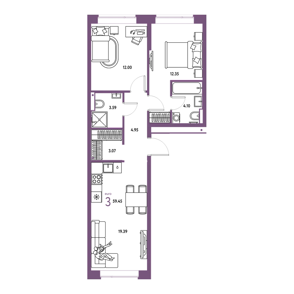 Планировка: Евротрёшка 59,45 м²