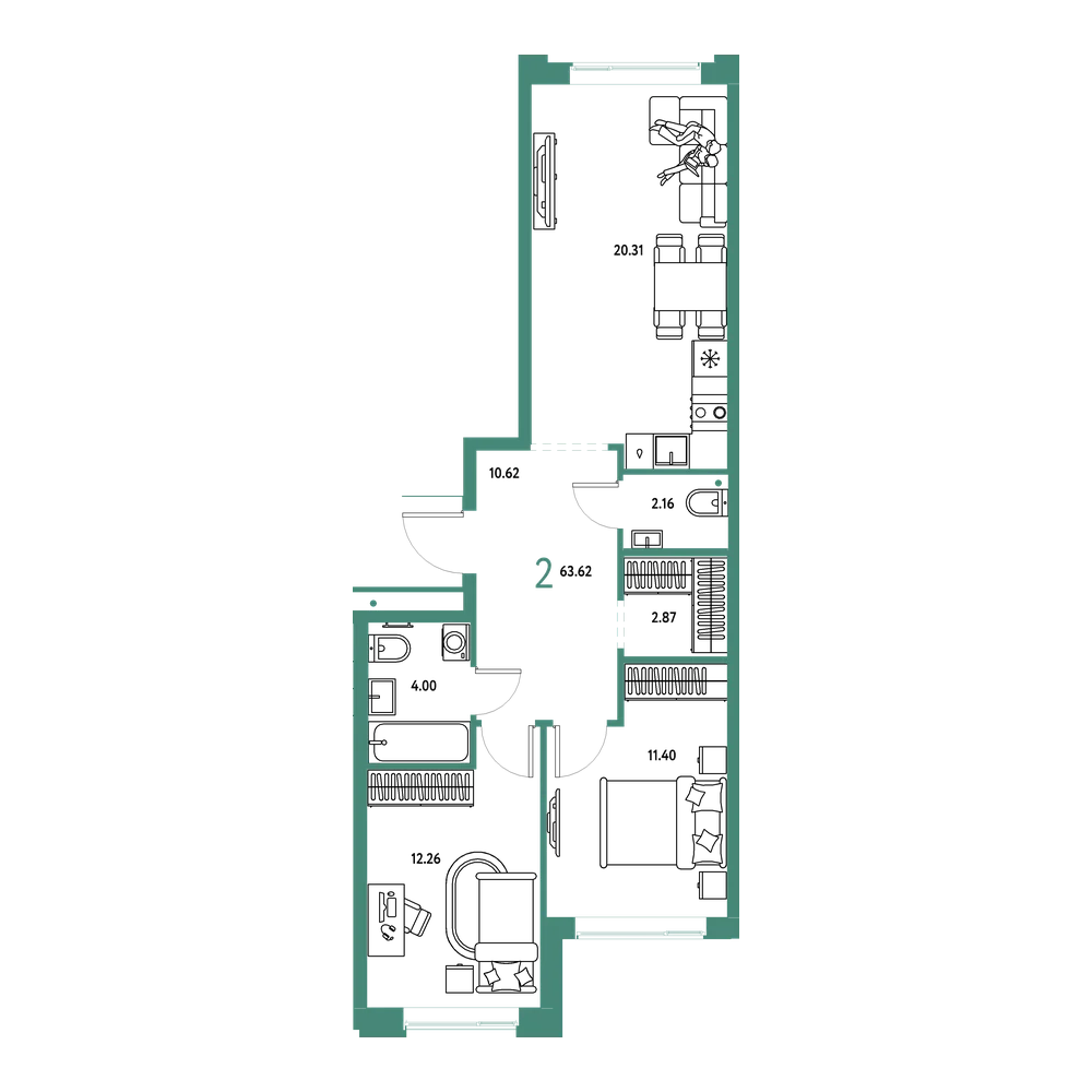 Планировка: 2-комнатная 63,62 м²
