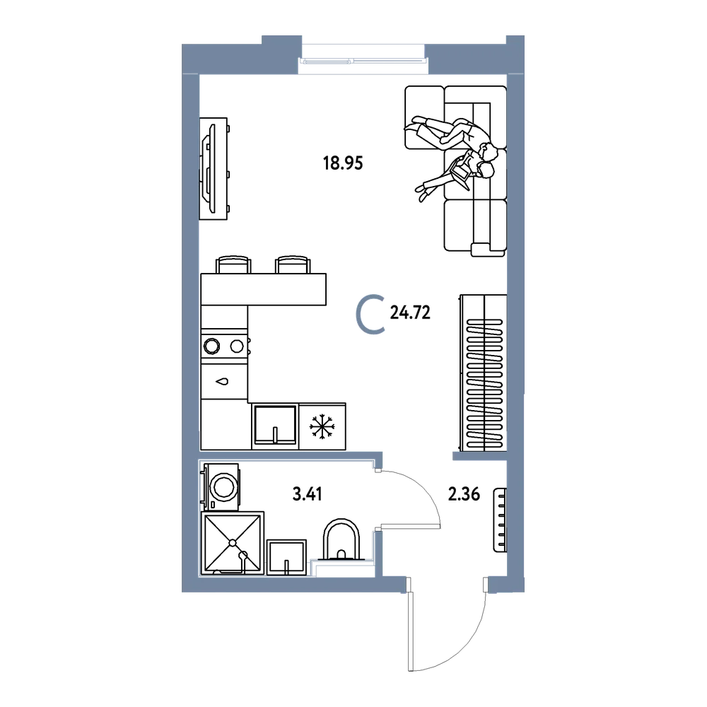 Планировка: Студия 24,72 м²