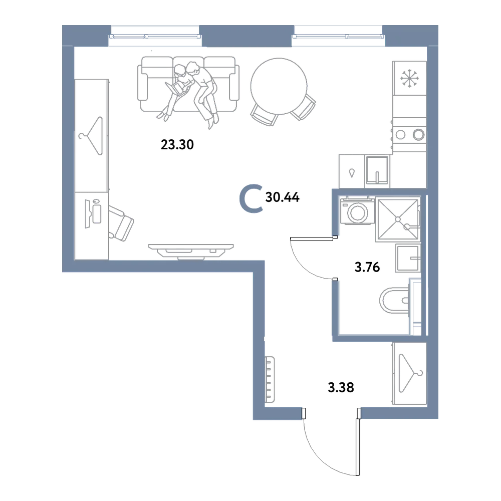 Планировка: Студия 30,44 м²