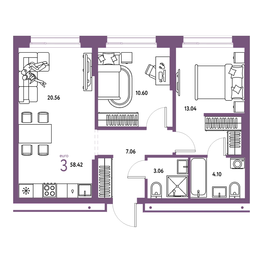 Планировка: Евротрёшка 58,42 м²