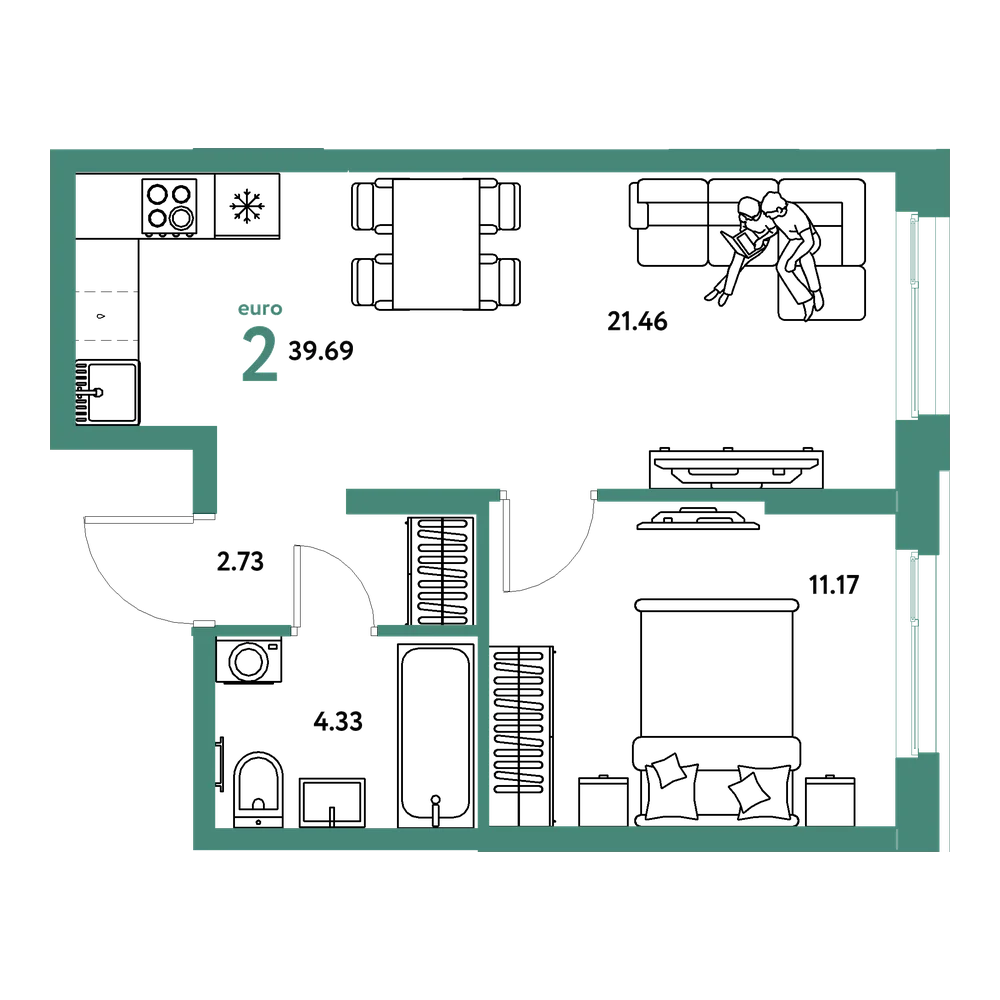 Планировка: Евродвушка 39,69 м²