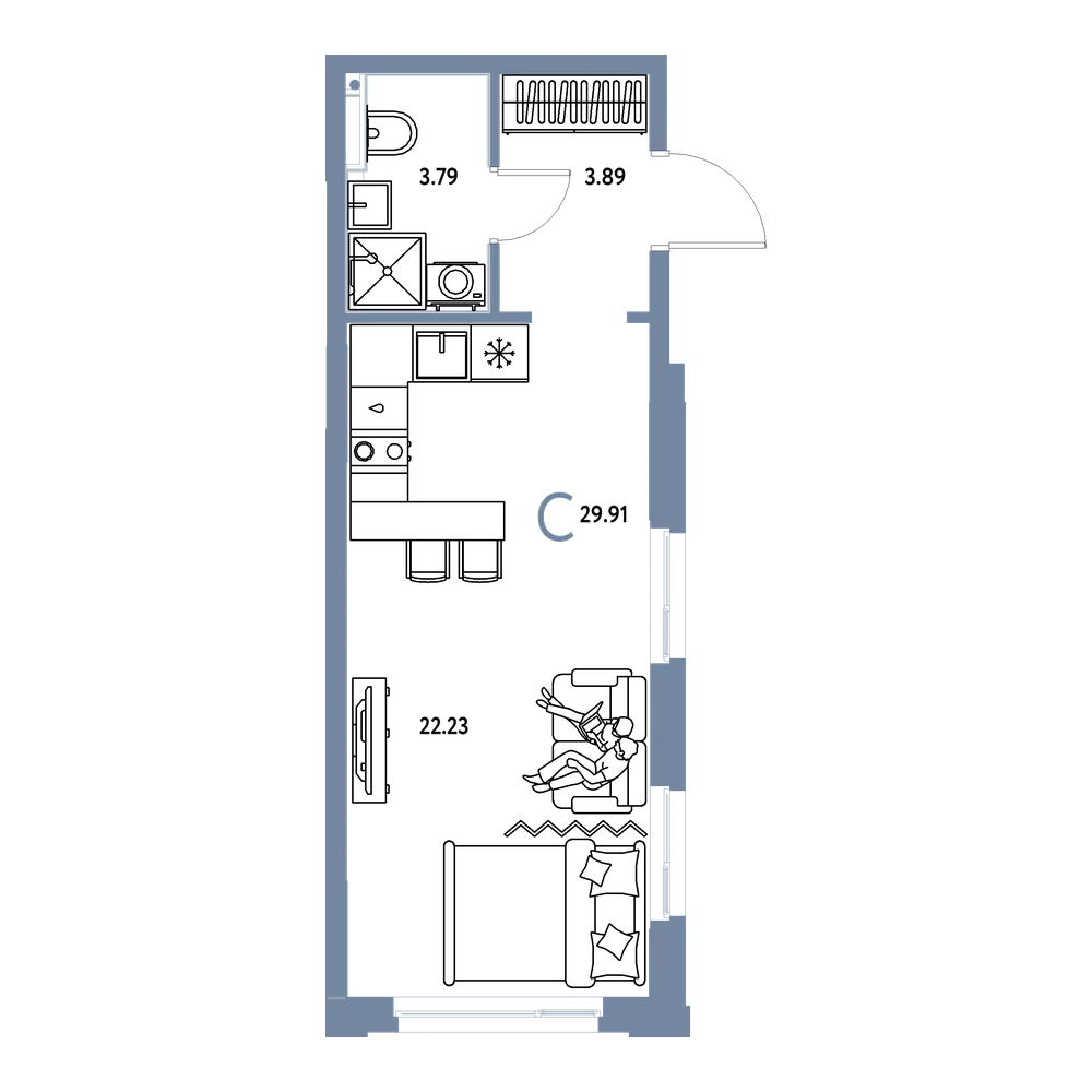 Планировка: Студия 29,91 м²