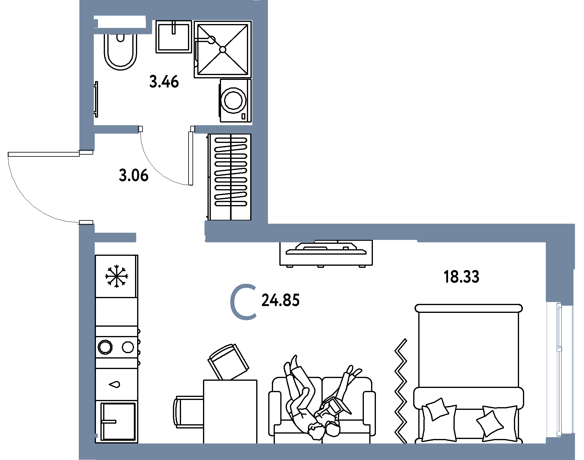 Планировка: Студия 24,85 м² в ЖК «Остров-сад»