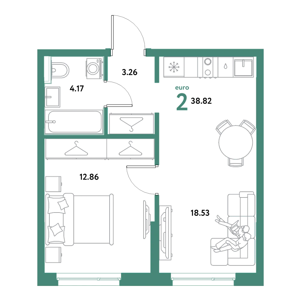 Планировка: Евродвушка 38,82 м²