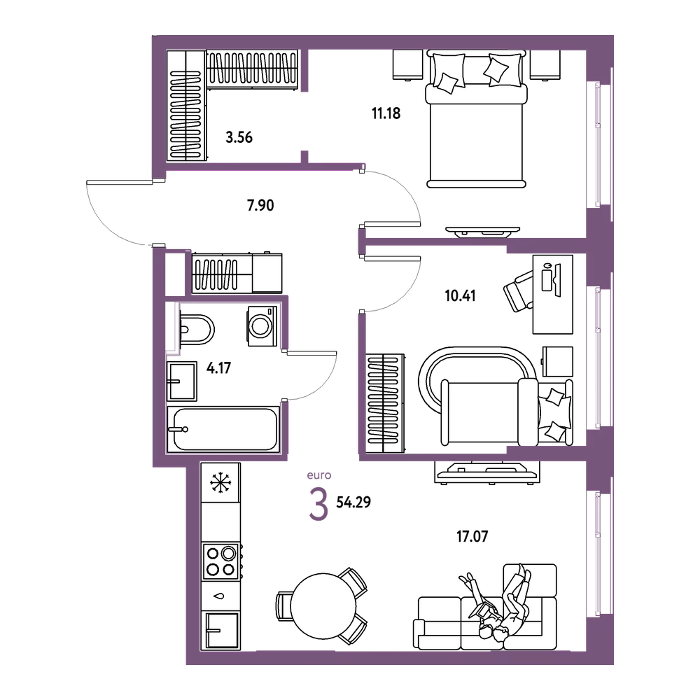 Планировка: Евротрёшка 54,29 м²