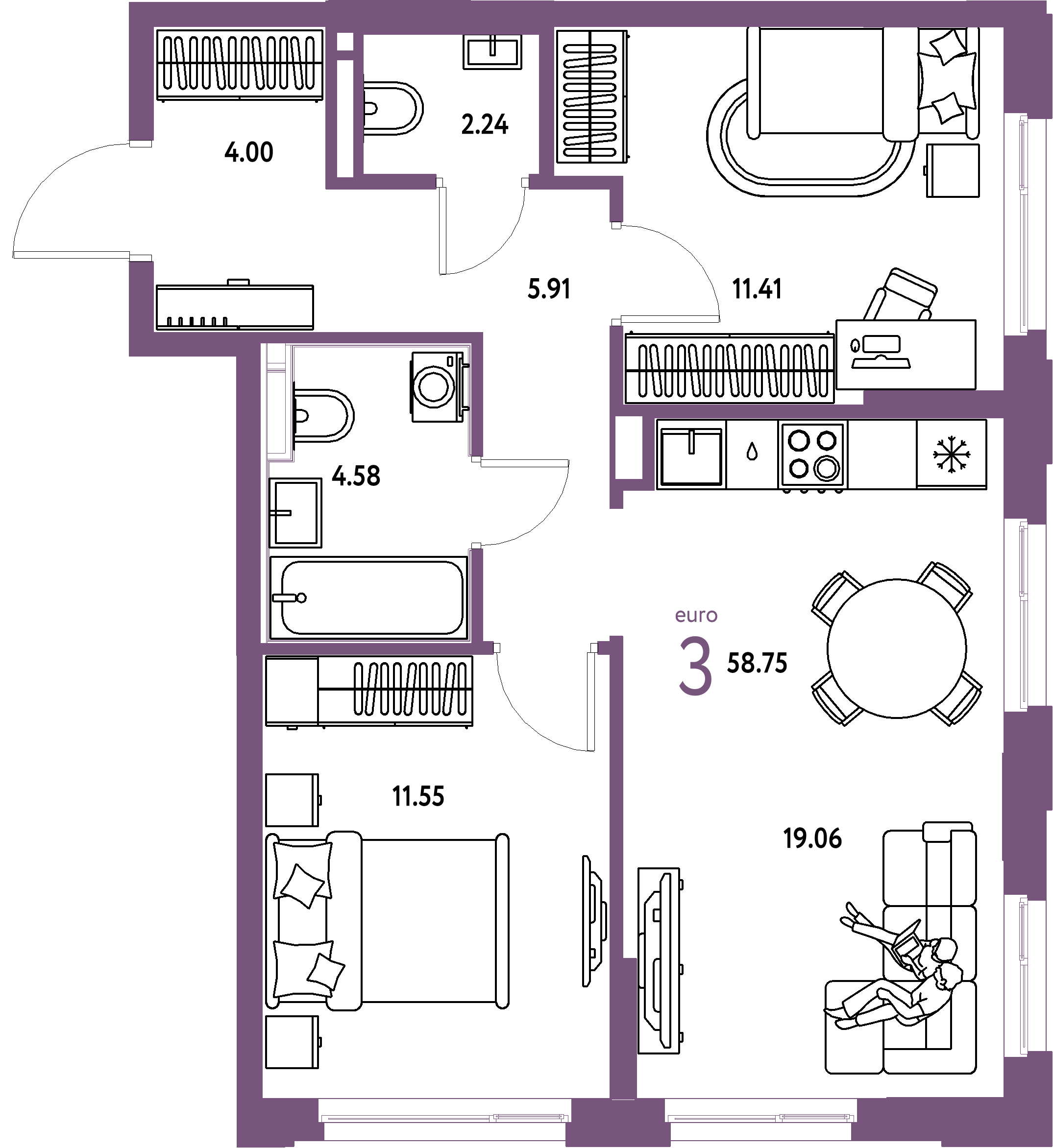 Планировка: Евротрёшка 58,75 м² в ЖК «Домашний»