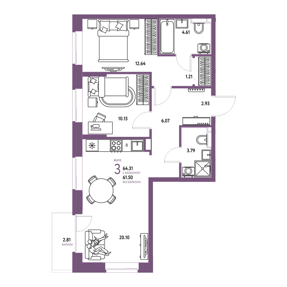 Планировка: Евротрёшка 64,31 м²