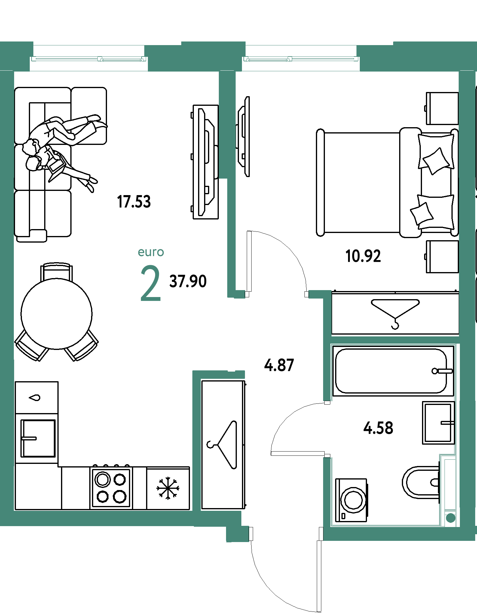Планировка: Евродвушка 37,9 м² в ЖК «Европейский берег 2.0»