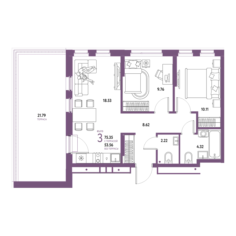 Планировка: Евротрёшка 75,35 м²