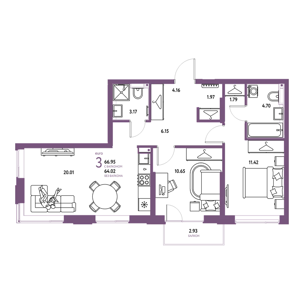 Планировка: Евротрёшка 66,95 м²