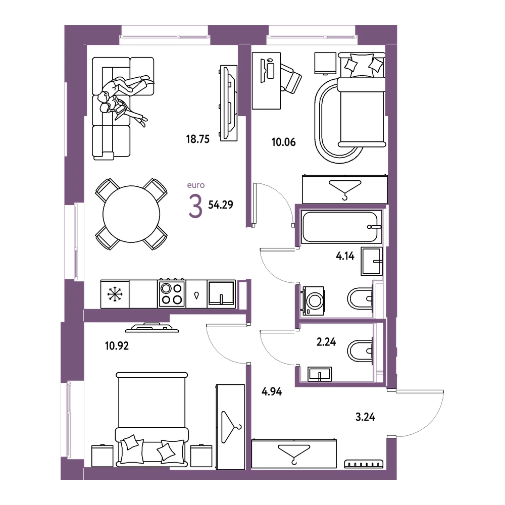 Планировка: Евротрёшка 54,31 м²