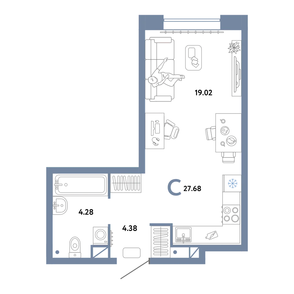Планировка: Студия 27,68 м²