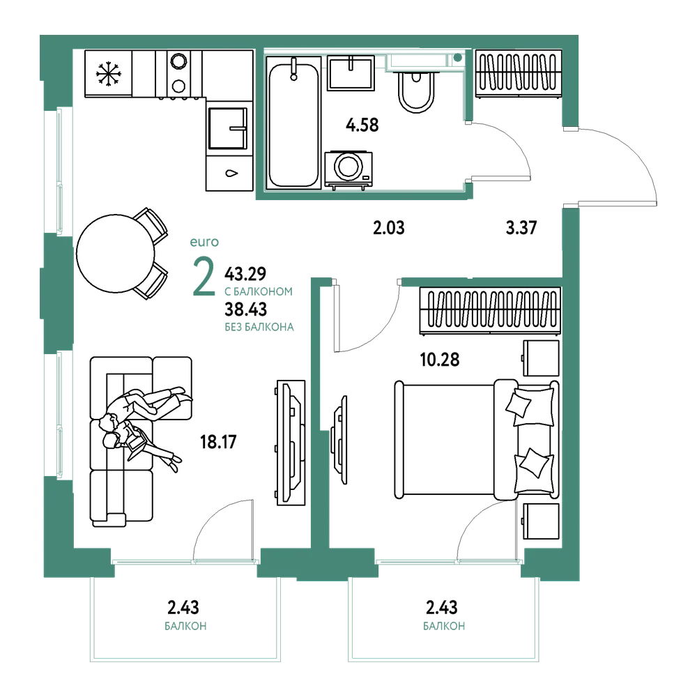 Планировка: Евродвушка 43,29 м²