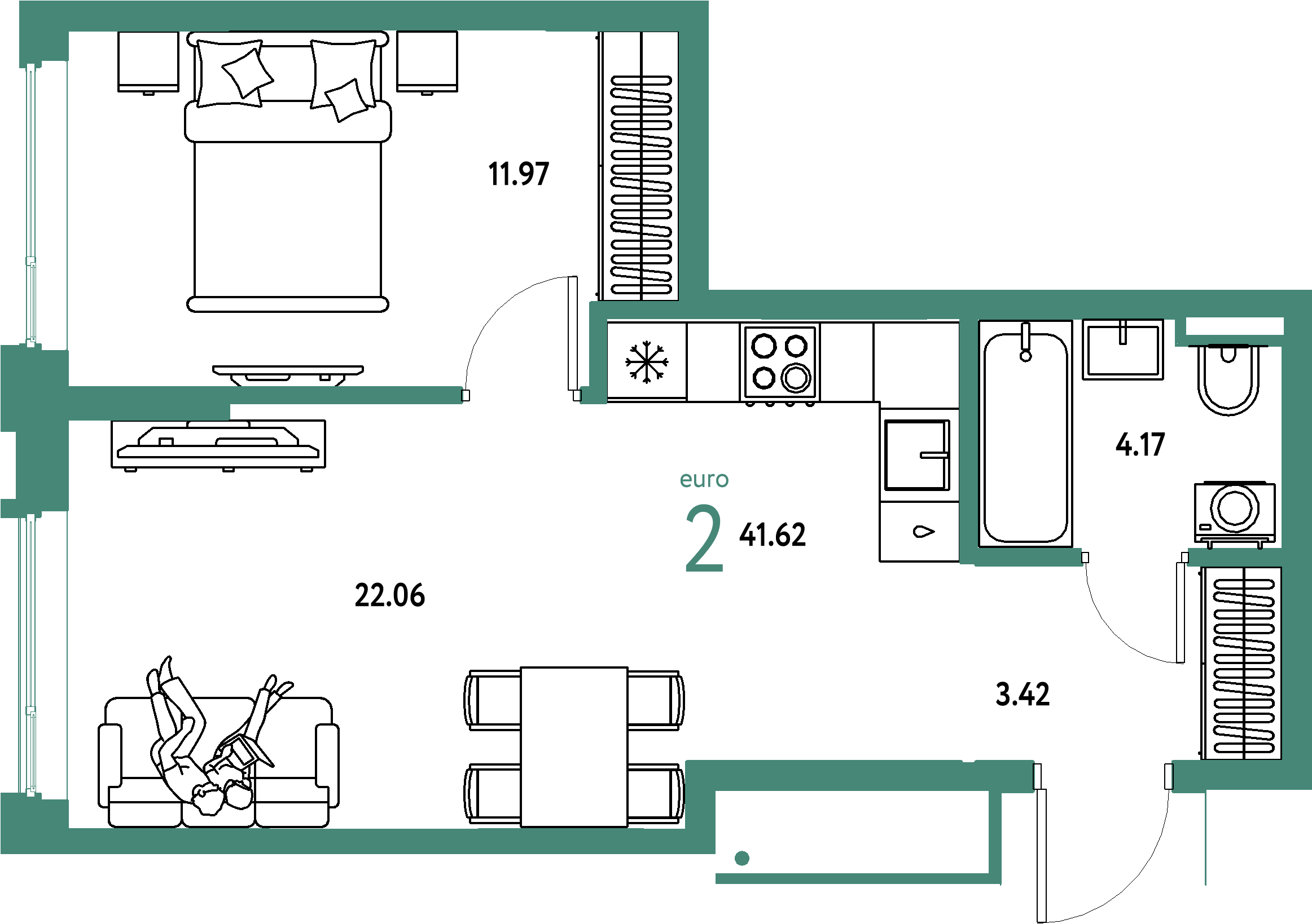 Планировка: Евродвушка 41,62 м² в ЖК «Страна.Прибрежная»
