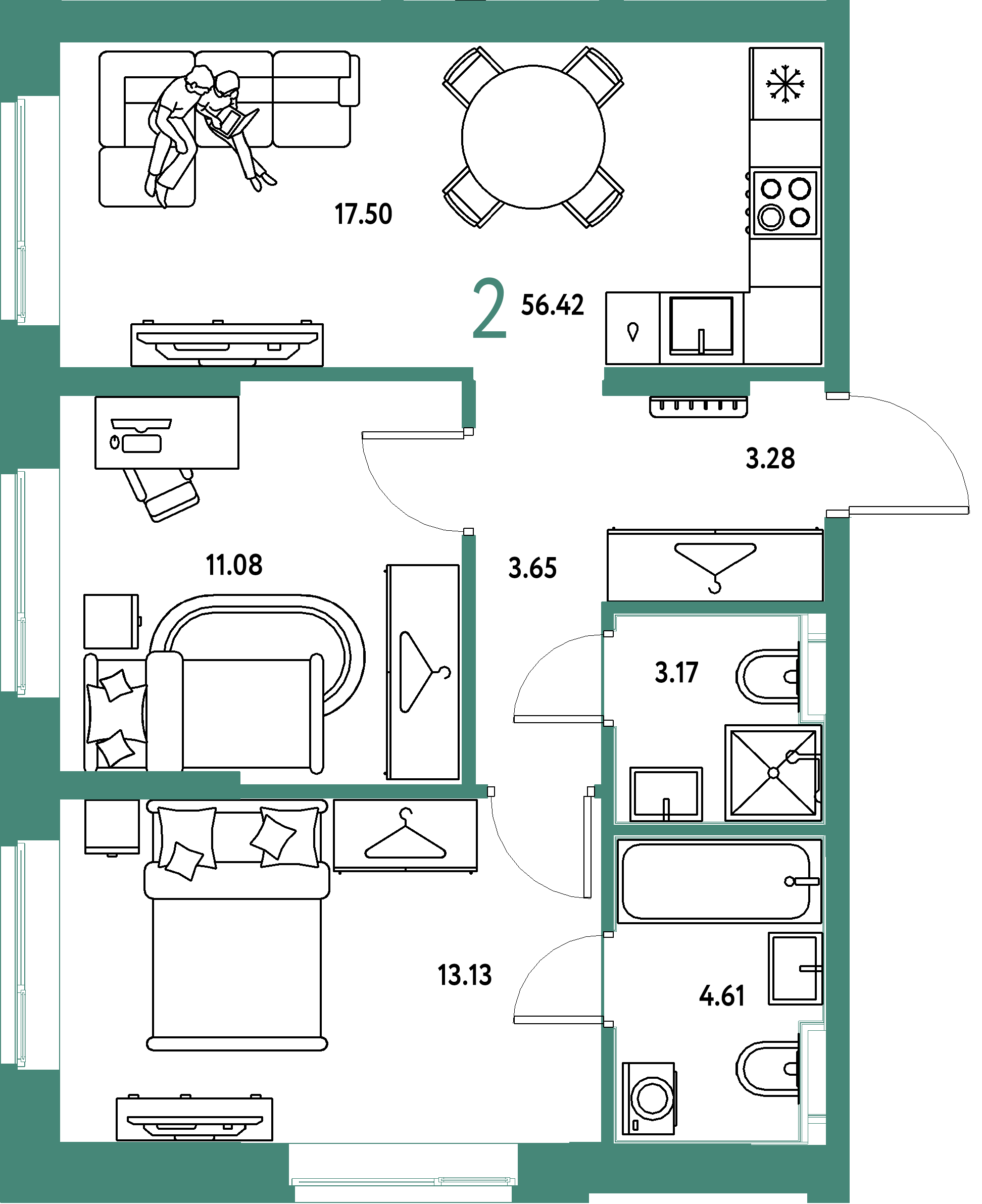 Планировка: 2-комнатная 56,42 м² в ЖК «Европейский берег 2.0»