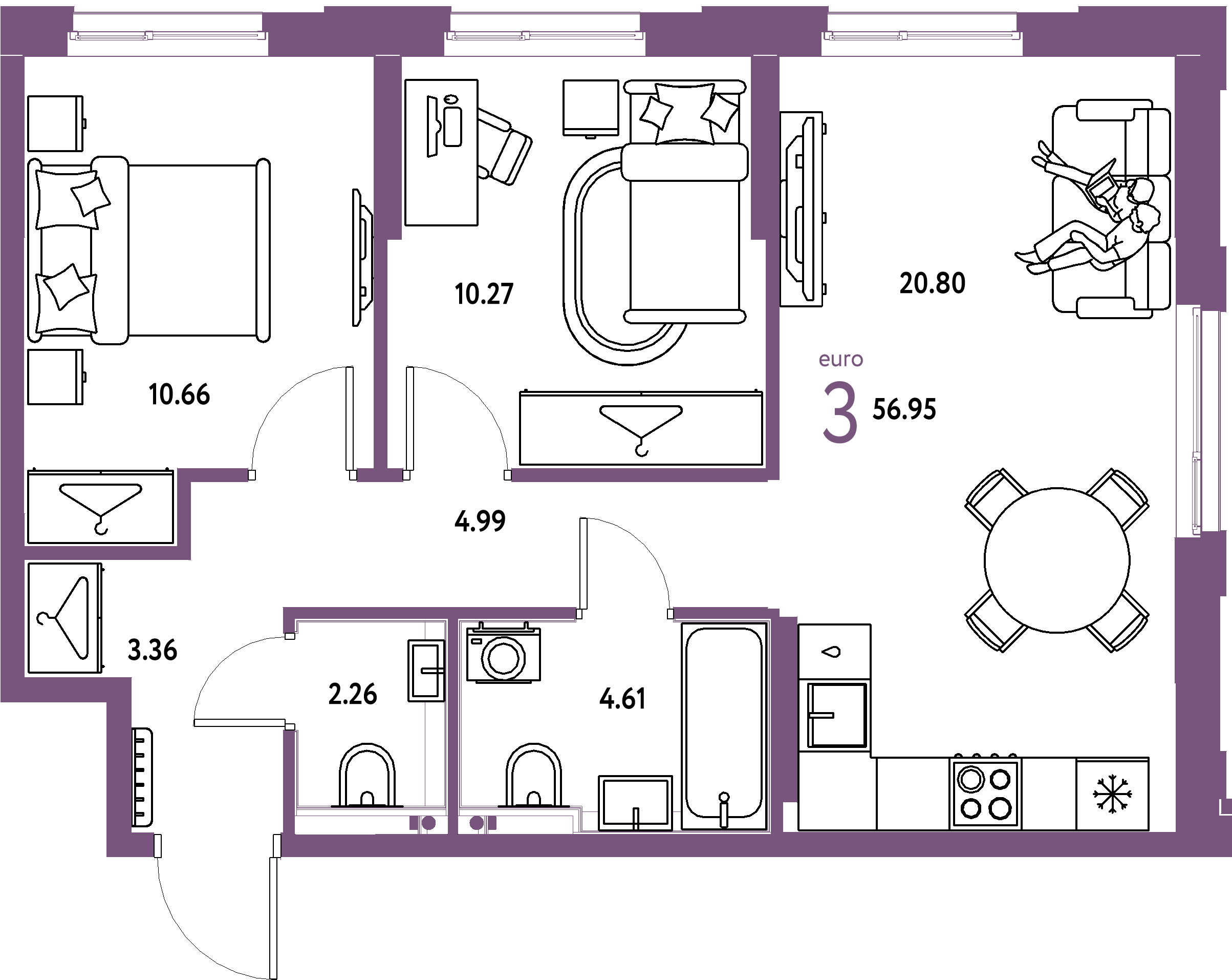 Планировка: Евротрёшка 56,95 м² в ЖК «Европейский берег 2.0»