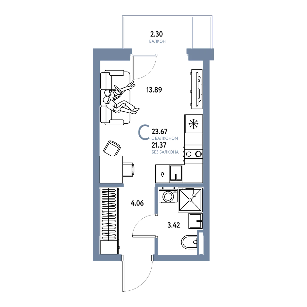 Планировка: Студия 23,67 м²
