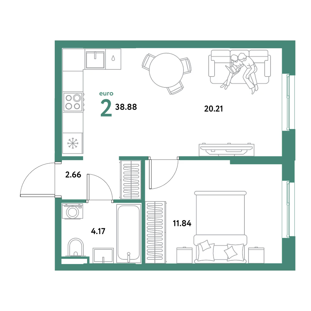 Планировка: Евродвушка 38,88 м²