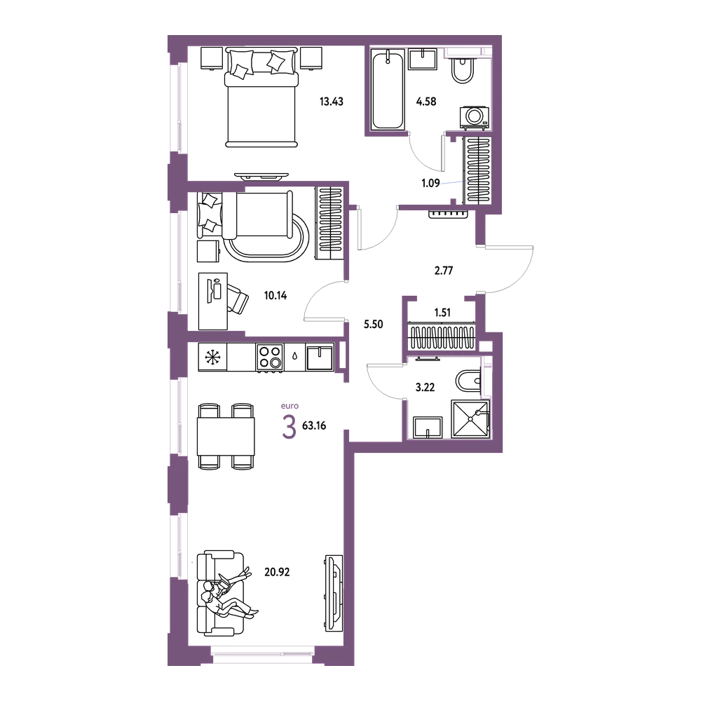 Планировка: Евротрёшка 63,16 м²