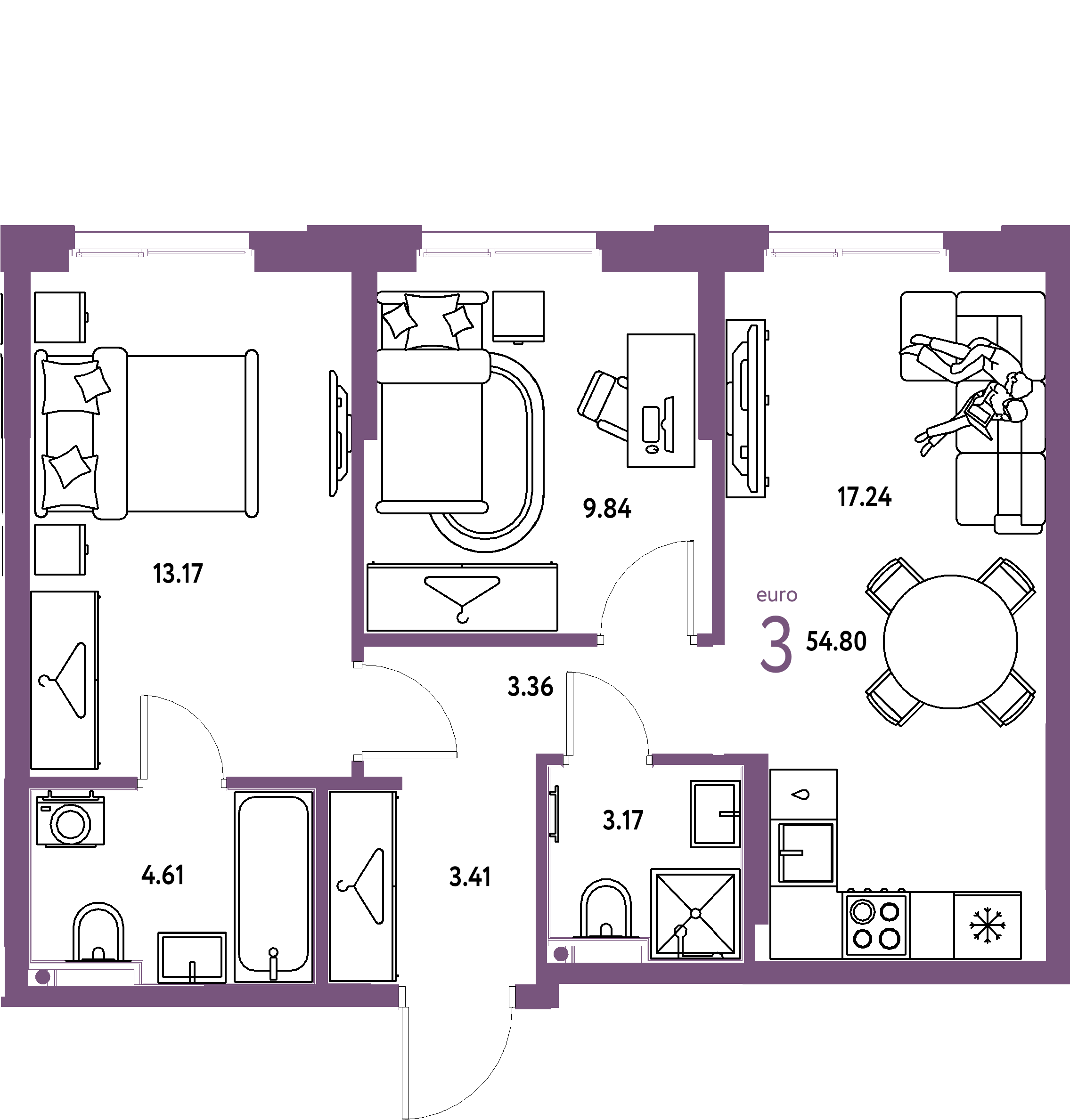 Планировка: Евротрёшка 54,8 м² в ЖК «Европейский берег 2.0»