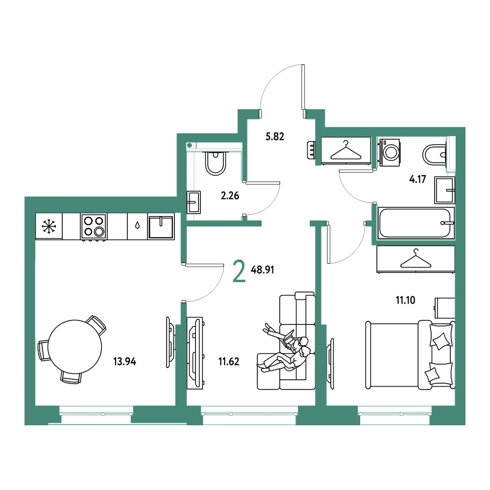 Планировка: 2-комнатная 48,91 м²
