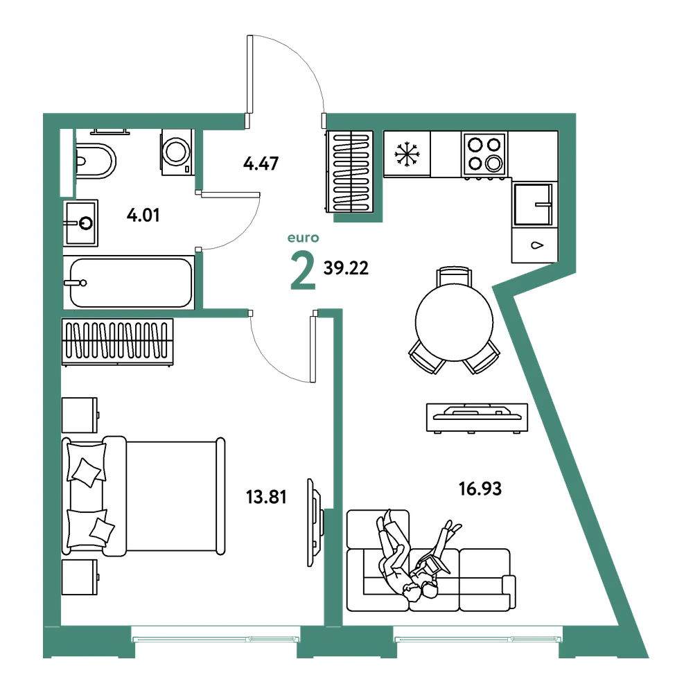 Планировка: Евродвушка 39,31 м²