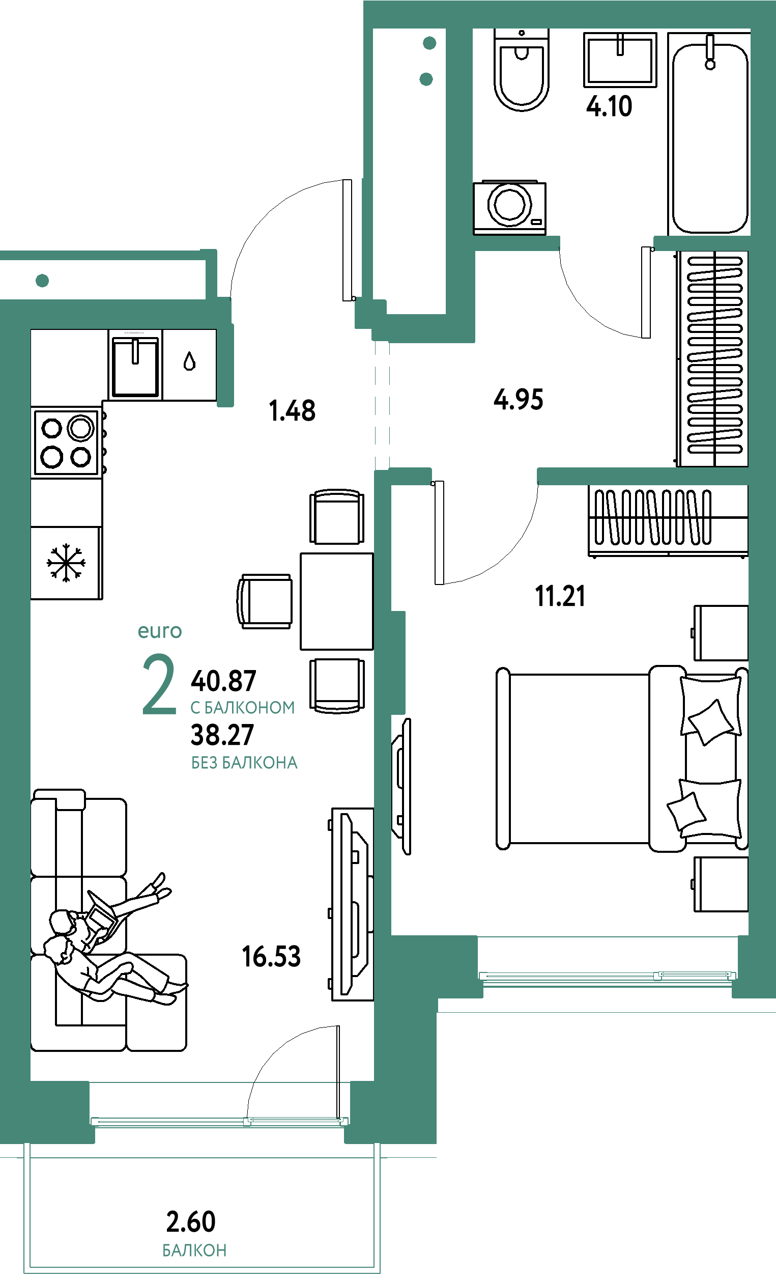 Планировка: Евродвушка 40,87 м² в ЖК «Домашний»