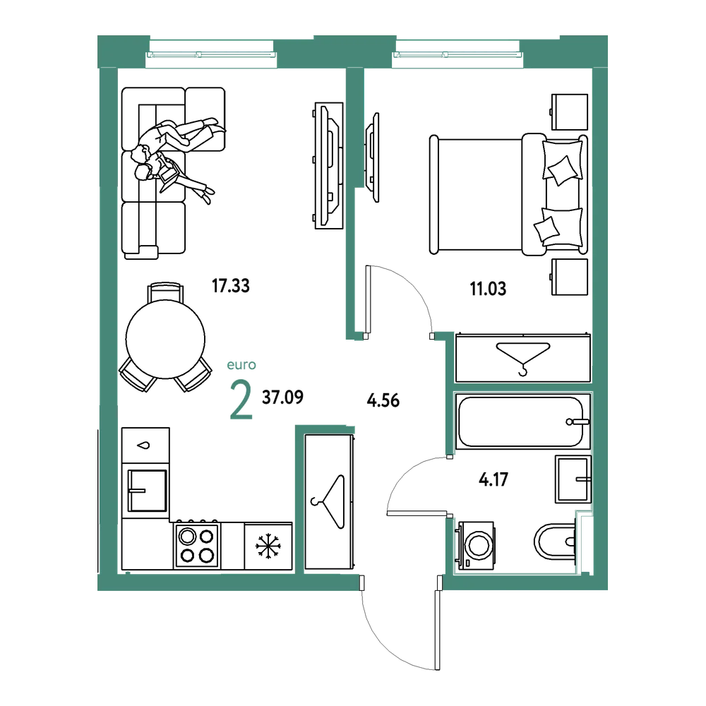 Планировка: Евродвушка 37,09 м²