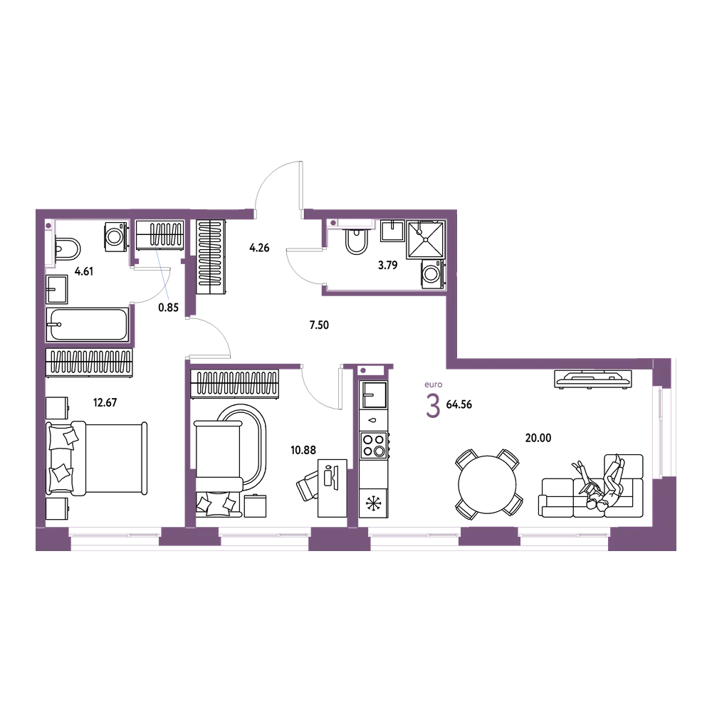 Планировка: Евротрёшка 64,67 м²