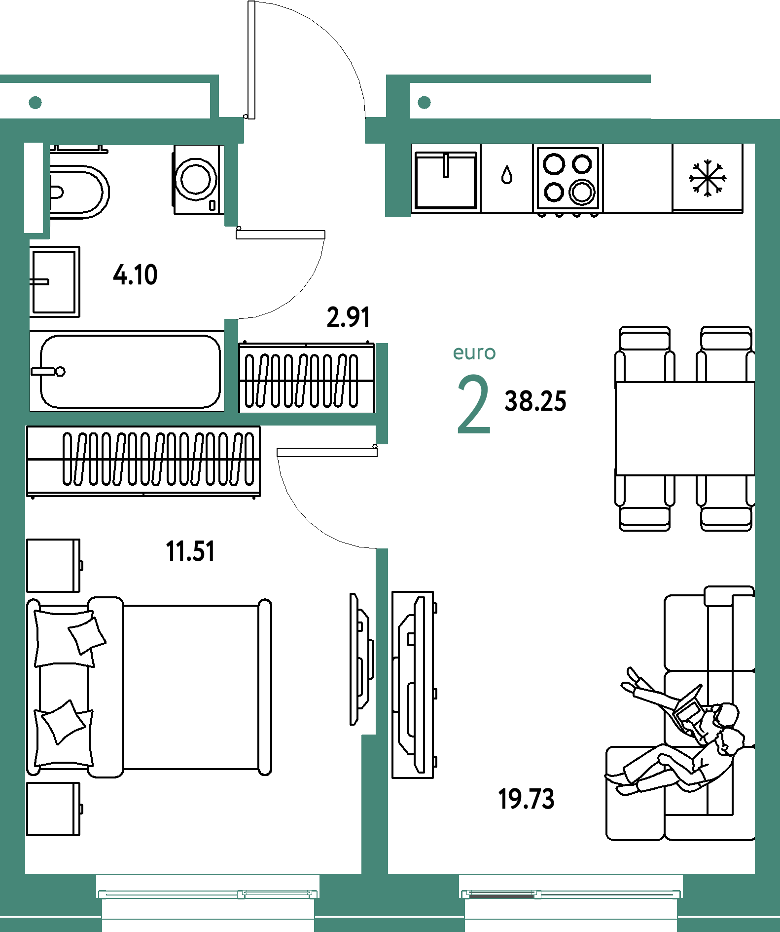 Планировка: Евродвушка 38,25 м² в ЖК «Домашний»