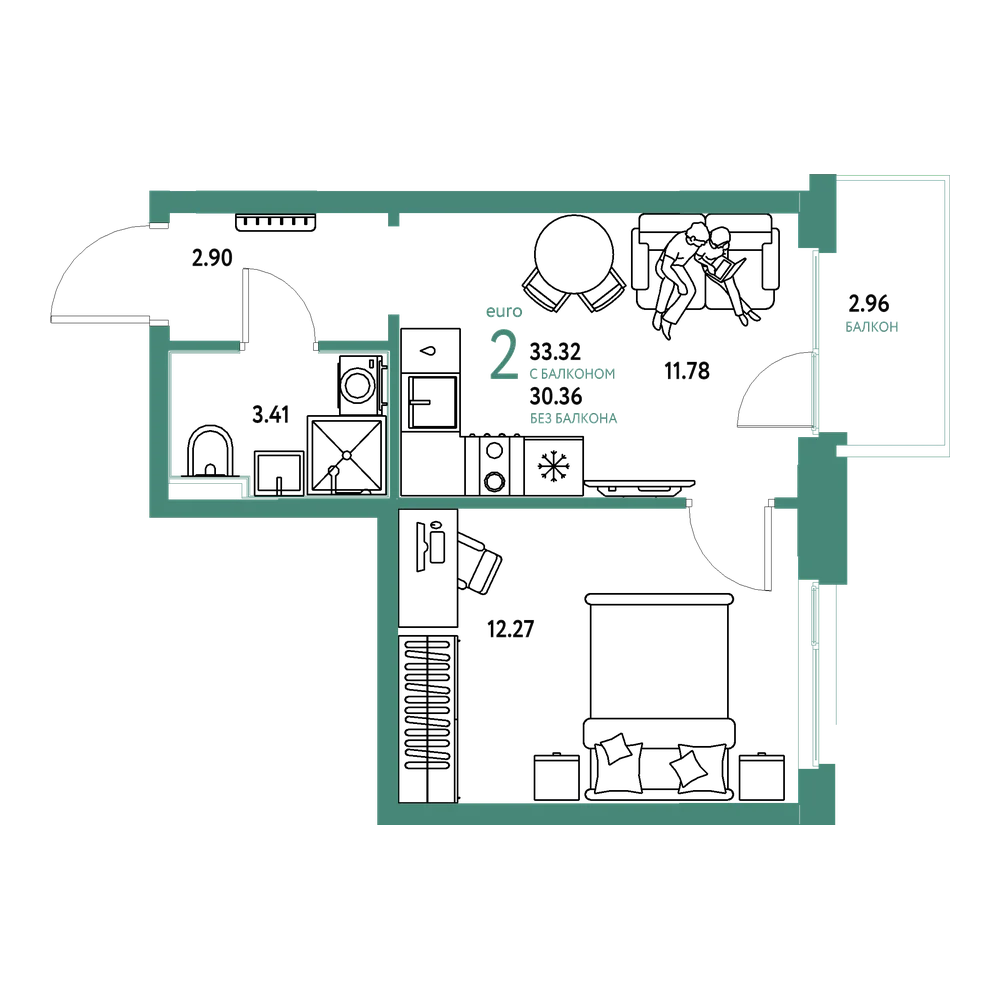 Планировка: Евродвушка 33,04 м²