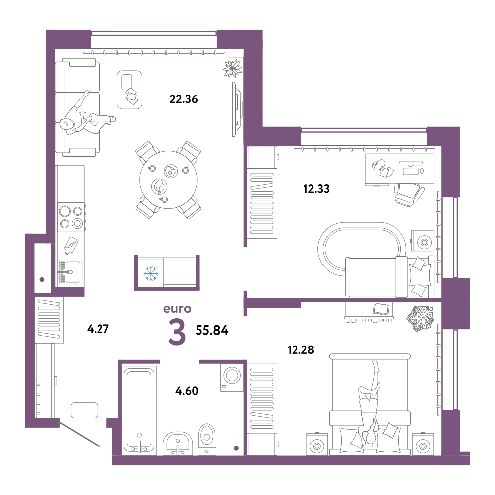 Планировка: Евротрёшка 55,84 м²