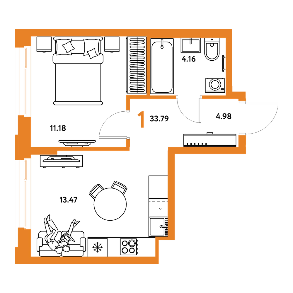 Планировка: 1-комнатная 33,79 м²