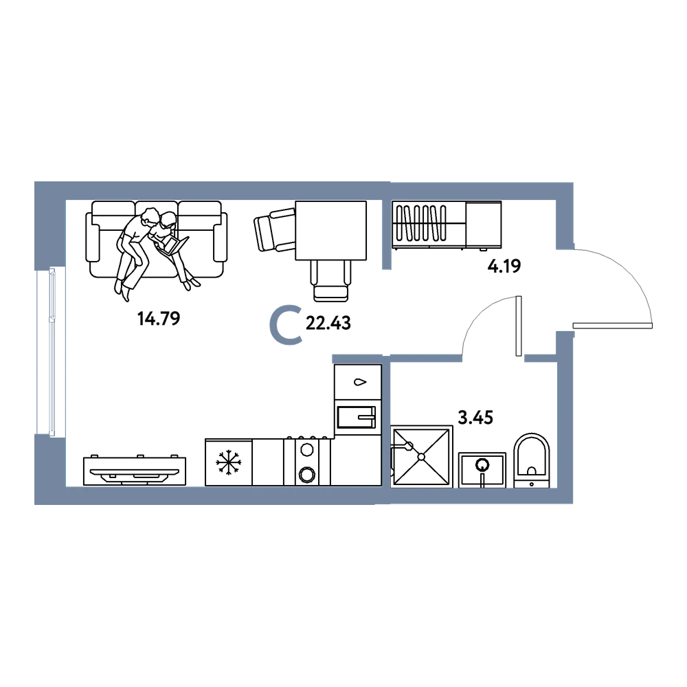 Планировка: Студия 22,43 м²