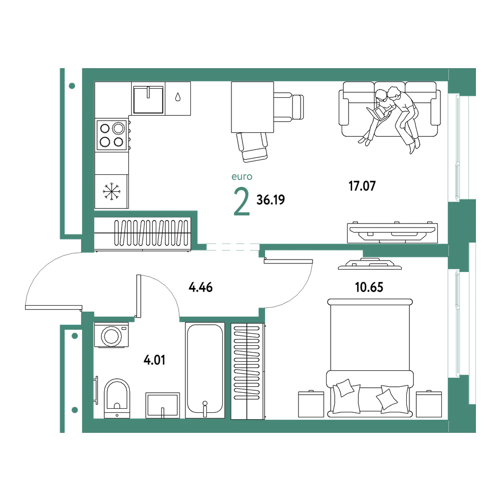 Планировка: Евродвушка 36,19 м²