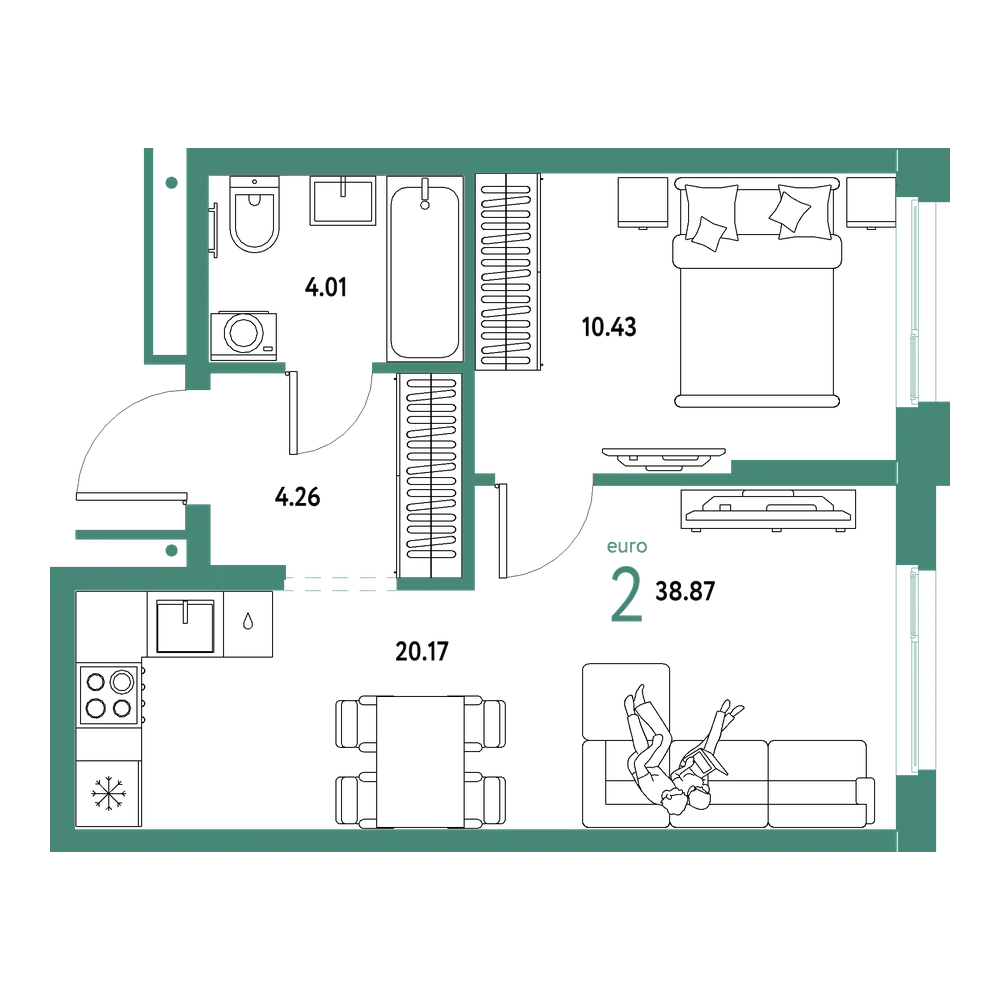 Планировка: Евродвушка 38,87 м²
