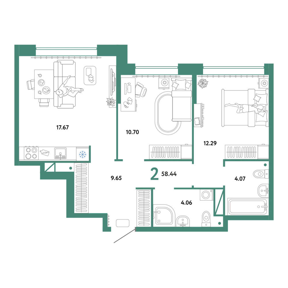 Планировка: 2-комнатная 58,44 м²