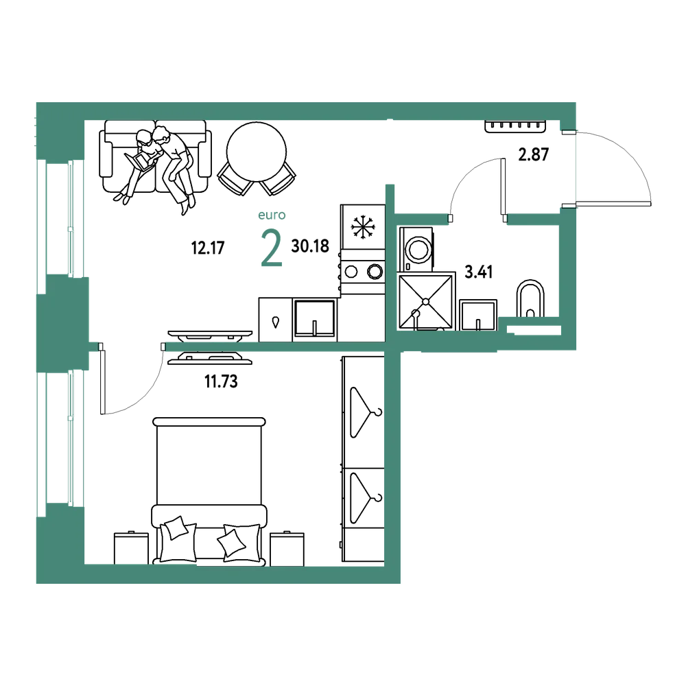 Планировка: Евродвушка 30,18 м²