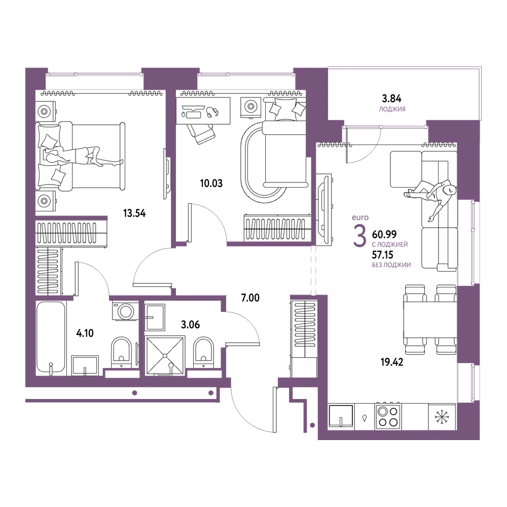 Планировка: Евротрёшка 60,99 м²