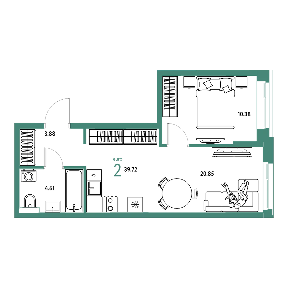 Планировка: Евродвушка 39,72 м²