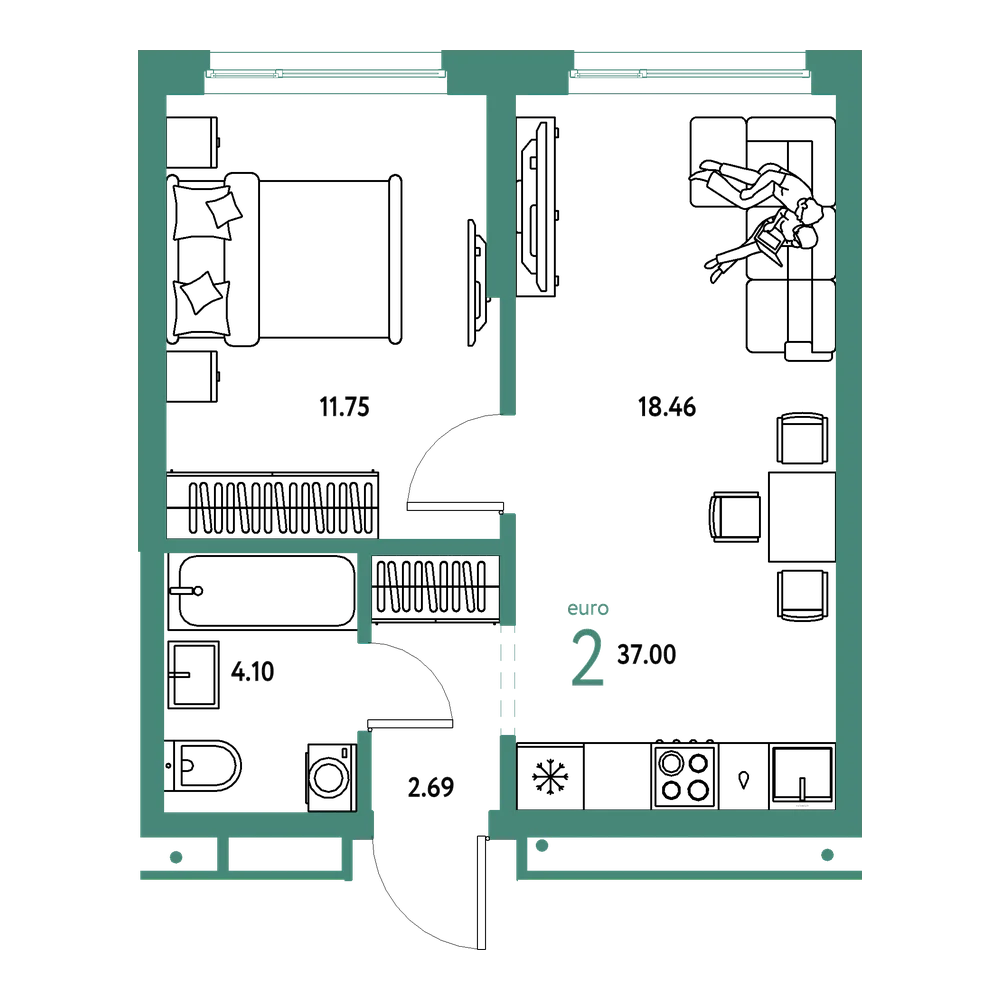 Планировка: Евродвушка 37 м²