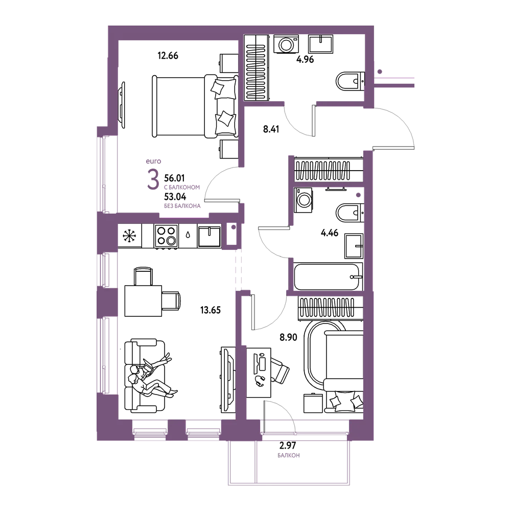 Планировка: Евротрёшка 56,01 м²