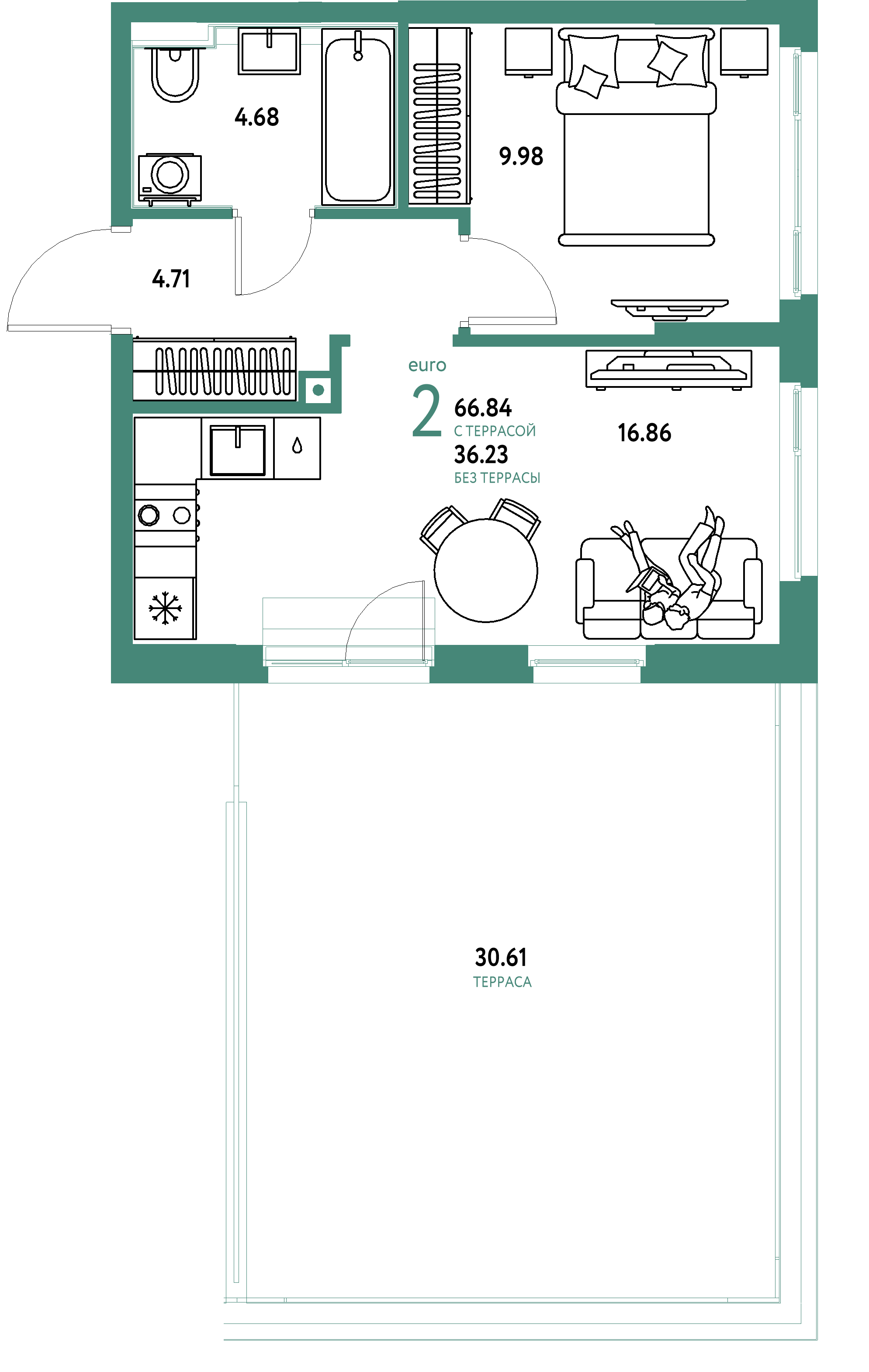 Планировка: Евродвушка 66,84 м² в ЖК «Сердце Сибири»