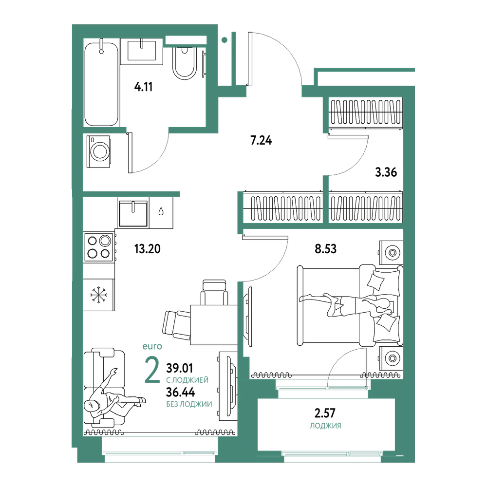 Планировка: Евродвушка 39,01 м²